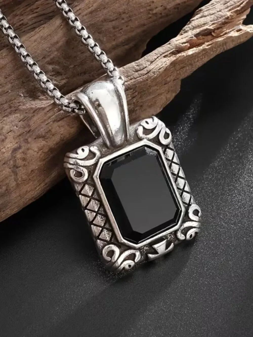 NWT Vintage Gothic Black Onyx Rectangle Pendant Necklace Silver Boho Grunge Punk